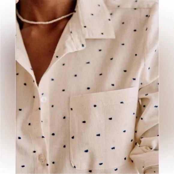 Sezane 42 US 10 Tomboy Shirt Ecru Blue Swiss Dot Cotton Linen ASO Meghan Markle - Picture 4 of 15